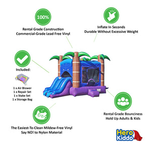 HeroKiddo inflatables rental grade construction bounce house with slide. Hold up adults and kids. Easilest-to-clean mildew free Vinyl. Durable without excessive weight.