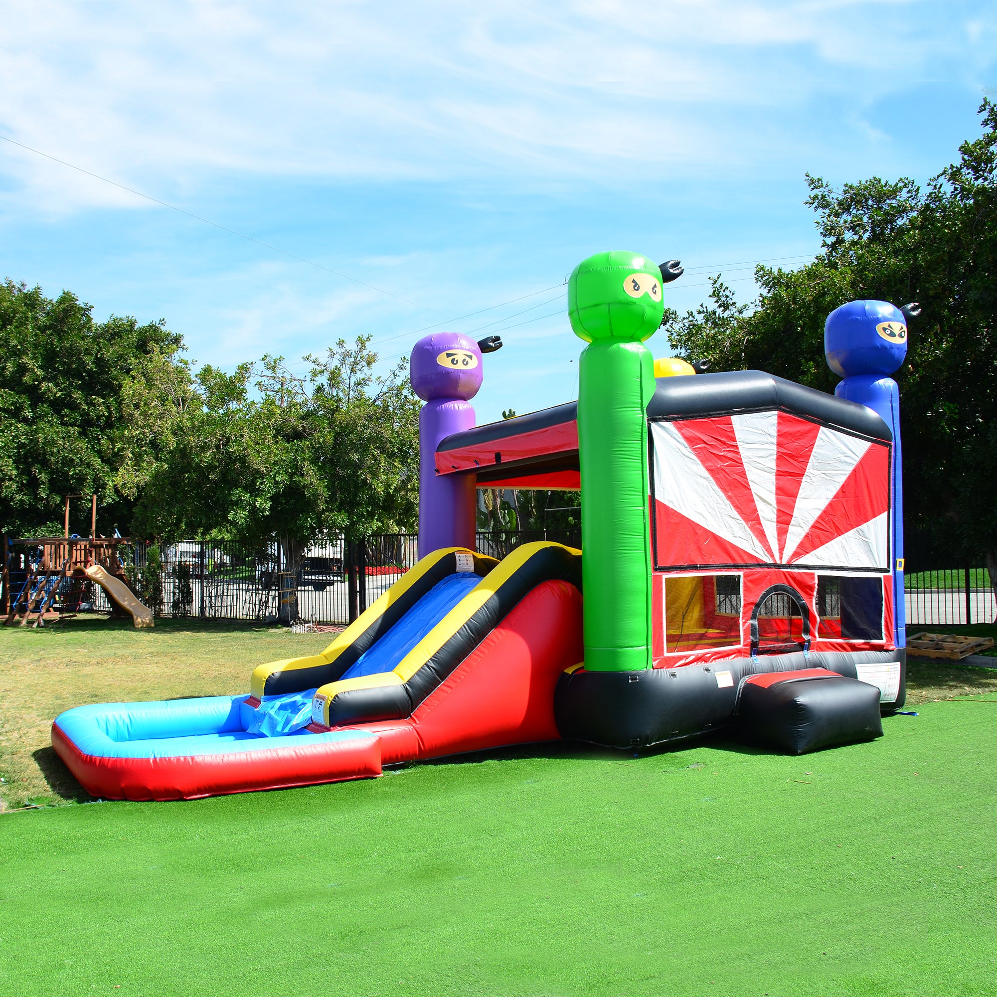 cheap commercial bounce house inflatables with slide and pool ninja warrior design