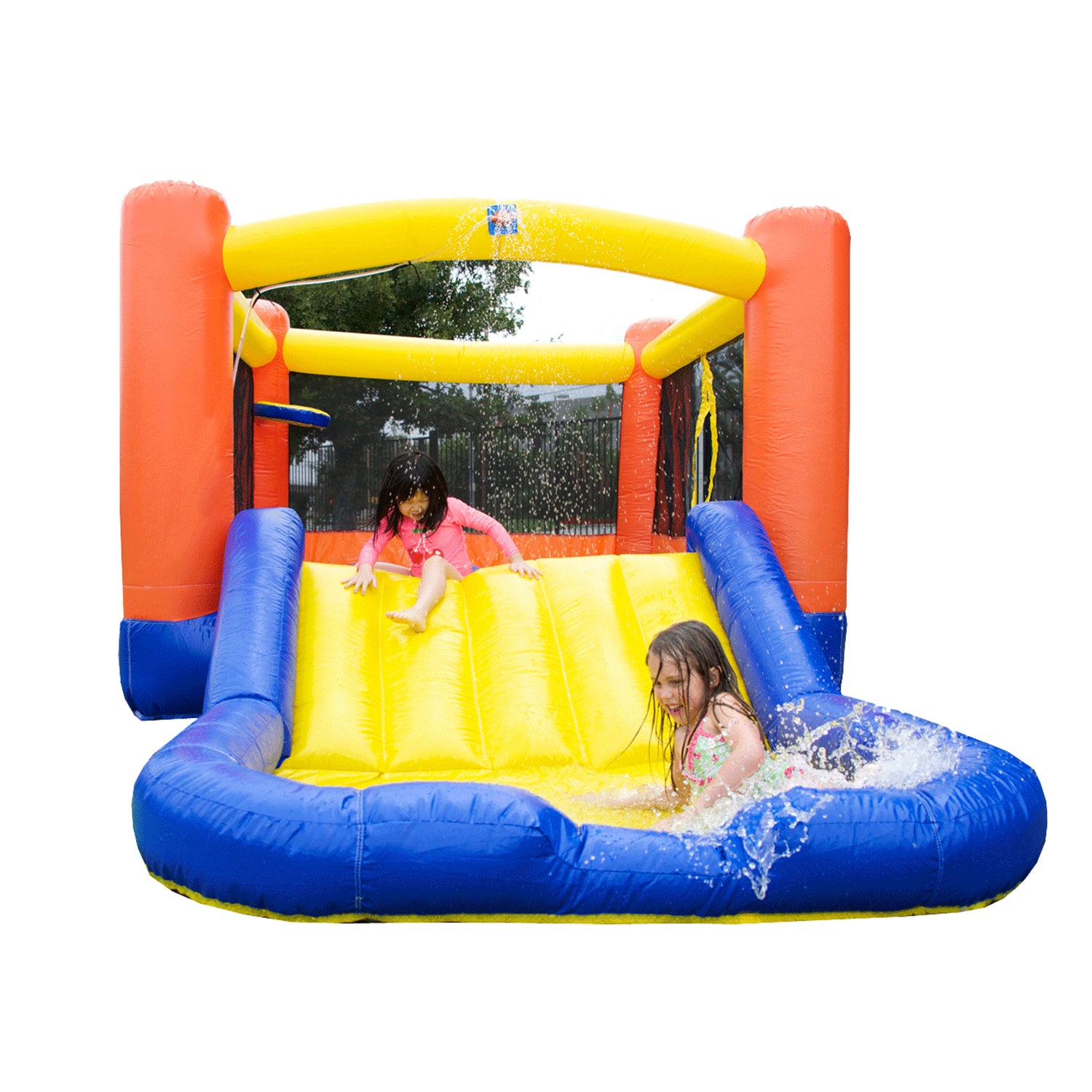 buy direct lighweight rental grade orange and blue oj bounce house inflatable slide with splash pool for kids