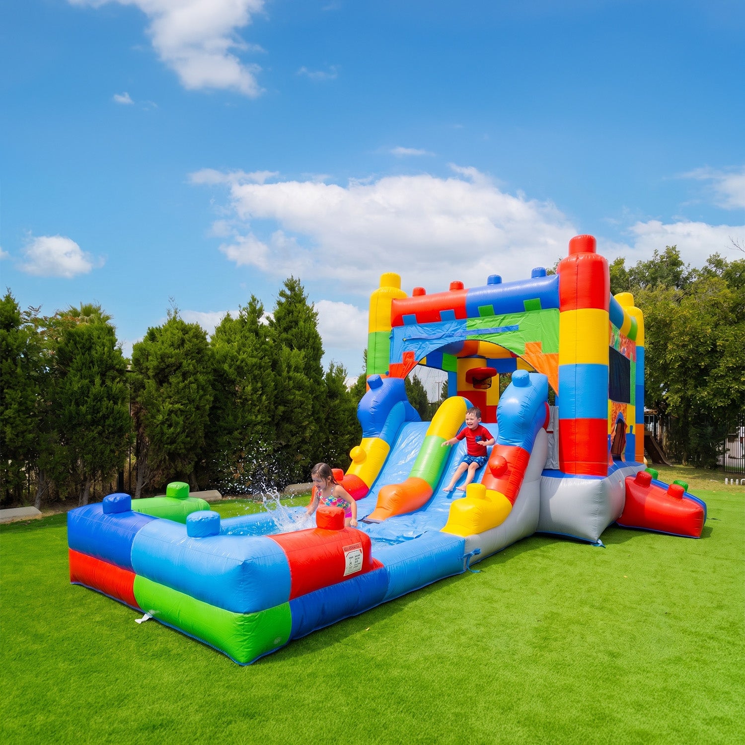 Herokiddo 14'x26' Block Party Commercial Grade Lightweight Bounce House Water Slide with Detachable Pool, and Basketball Hoop. No Blower Included