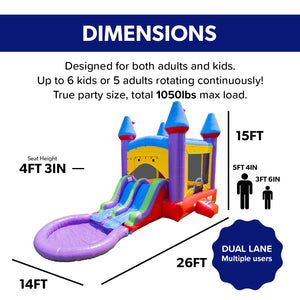 Jelly Bean Castle Bounce House with Dual Lane Water Slide and Detachable Pool Combo