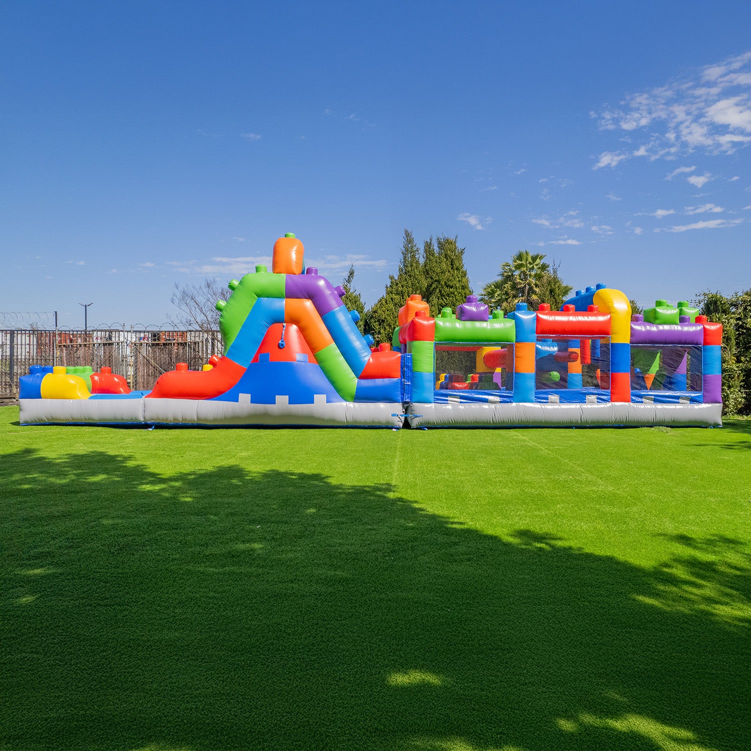Block Party 42' Obstacle Course with Water Slide - Hero Kiddo Inflatables