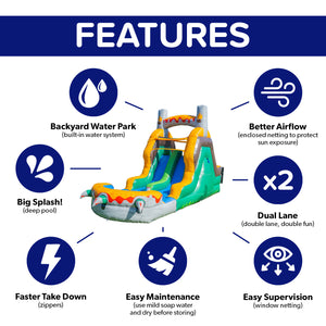 NEW! T-Rex Adventure 12’ Dual Lane Backload Inflatable Water Slide with Attached Pool