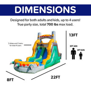 NEW! T-Rex Adventure 12’ Dual Lane Backload Inflatable Water Slide with Attached Pool