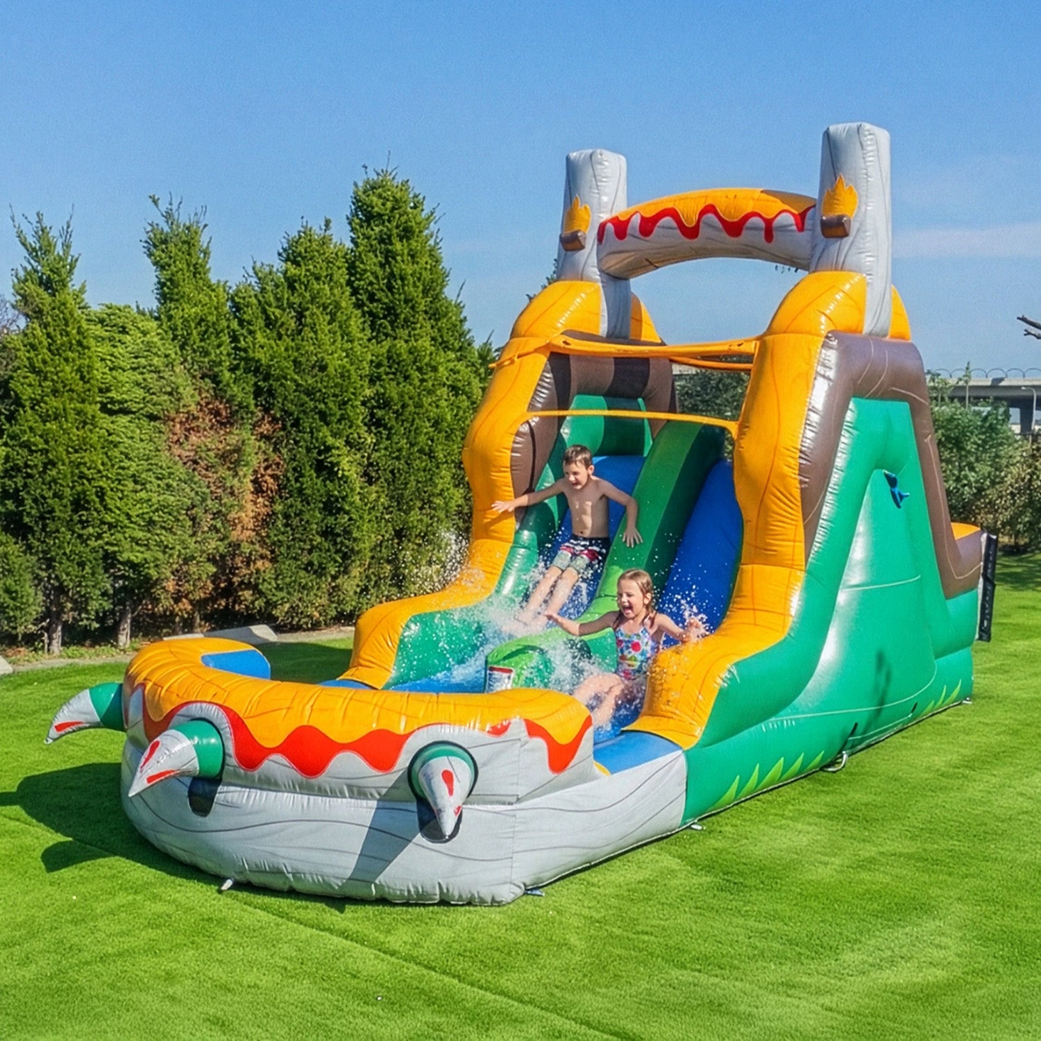 NEW! T-Rex Adventure 12’ Dual Lane Backload Inflatable Water Slide with Attached Pool