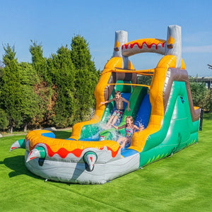 NEW! T-Rex Adventure 12’ Dual Lane Backload Inflatable Water Slide with Attached Pool