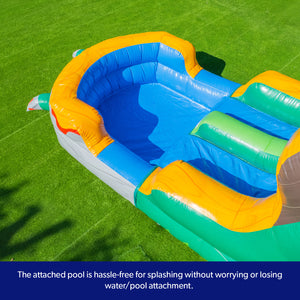 NEW! T-Rex Adventure 12’ Dual Lane Backload Inflatable Water Slide with Attached Pool