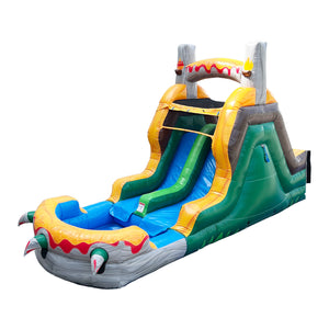 T-Rex Adventure 12’ Dual Lane Backload Inflatable Water Slide with Attached Pool