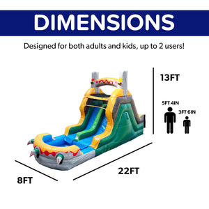 T-Rex Adventure 12’ Dual Lane Backload Inflatable Water Slide with Attached Pool
