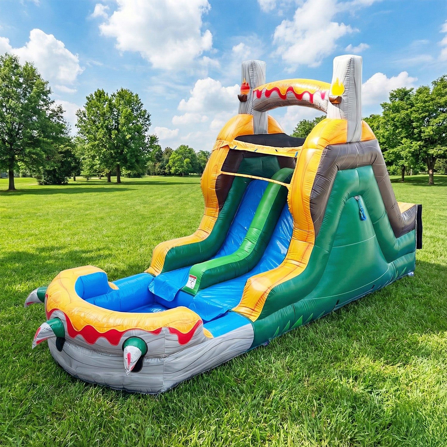 ( PRE-ORDER SHIPS FEB 16) NEW! T-Rex Adventure 12’ Dual Lane Backload Inflatable Water Slide with Attached Pool