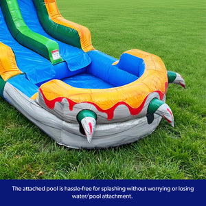 T-Rex Adventure 12’ Dual Lane Backload Inflatable Water Slide with Attached Pool