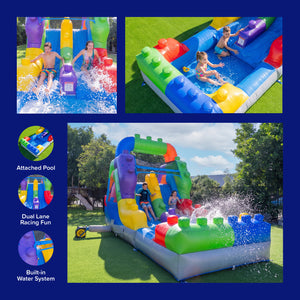 Block Party 12' Dual Lane Backload Water Slide with Attached Pool