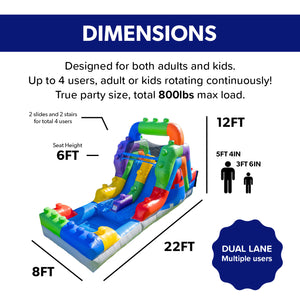 Block Party 12' Dual Lane Backload Water Slide with Attached Pool