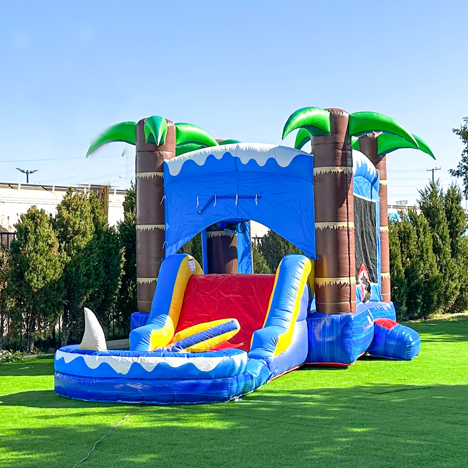 New Inflatables Dive into Adventure: Ocean Shark 14x26 Bounce House Water Slide Combo ...