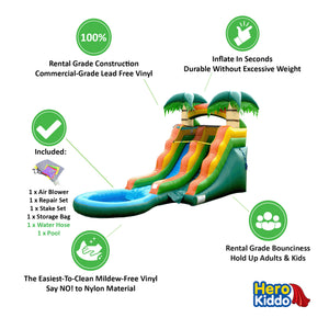 HeroKiddo inflatables rental grade construction summer breeze water slide with pool. Hold up adults and kids. Easilest-to-clean mildew free Vinyl. Durable without excessive weight.